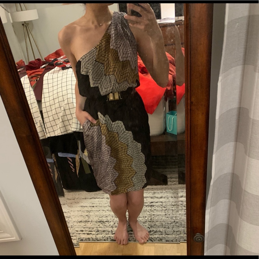 BCBGMaxAzria asymmetrical one shoulder belted silk dress